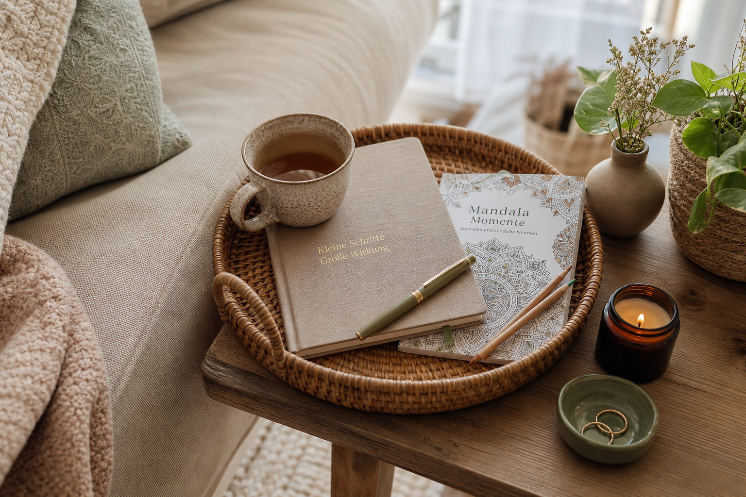 Korb mit Journal, Stift, Tee und Mandalabuch als kleines Hobby für den Alltag