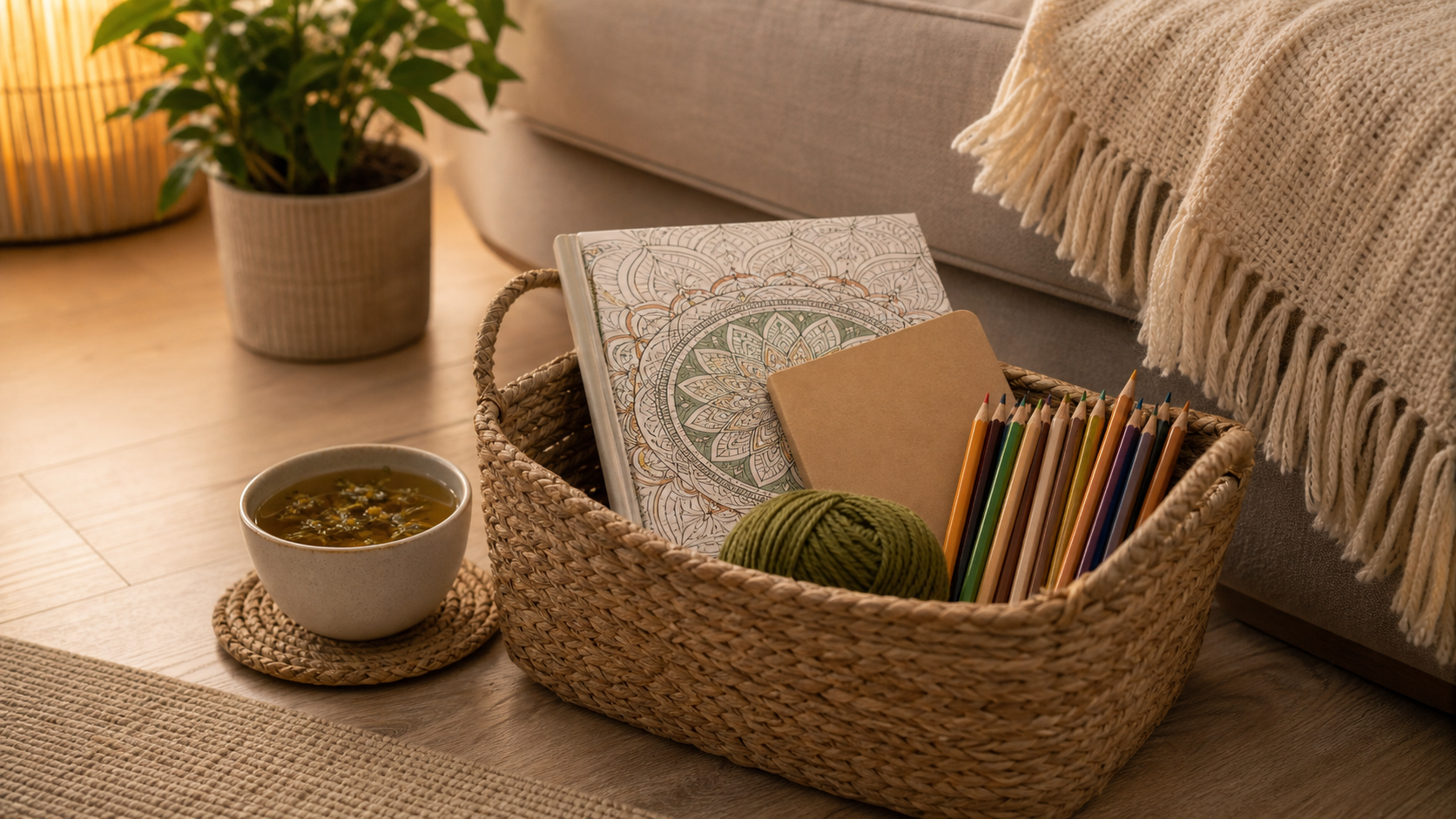 Kleiner Korb mit Stiften, Mandalabuch, Wolle und Tee als Mikro-Hobby-Idee