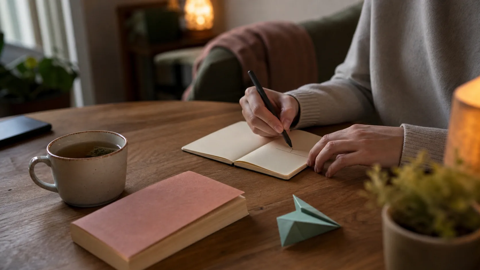 Bildschirmfreier Feierabend: Hand schreibt mit Stift in ein kleines Notizbuch auf einem Holztisch mit Tee, Origami und einem Buch – Mikro-Hobby ohne Bildschirm.