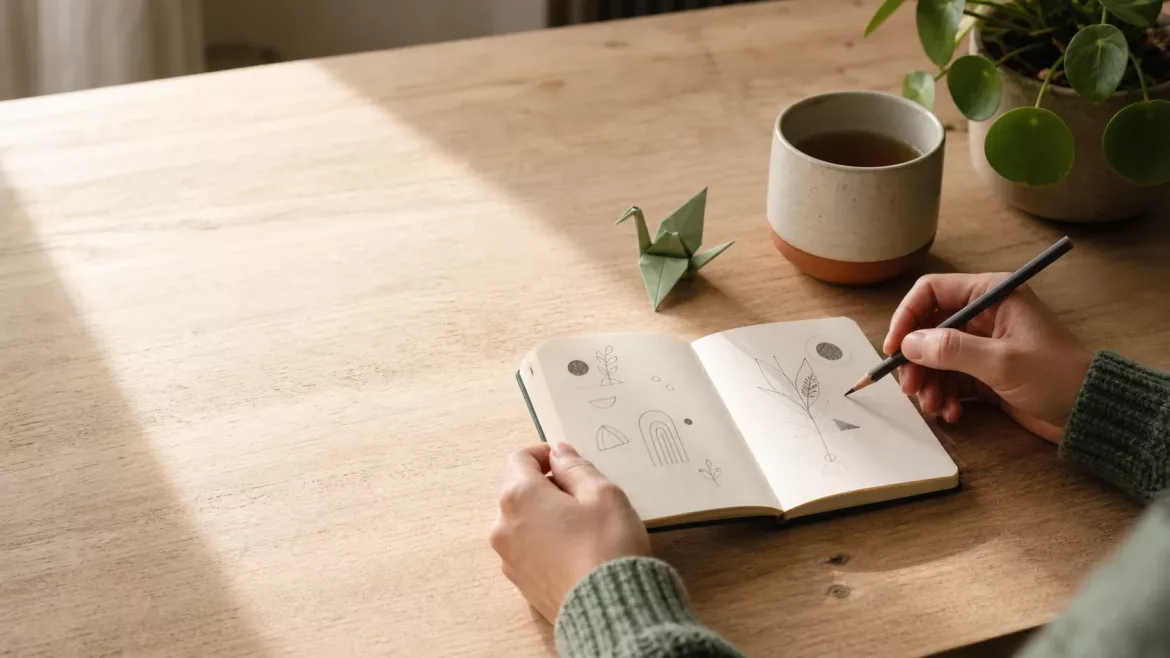 Mikro-Hobbys: kleines Notizbuch, Stift, Origami-Vogel, Tee und Pflanze auf einem Holztisch im Tageslicht – eine ruhige Mini-Pause.