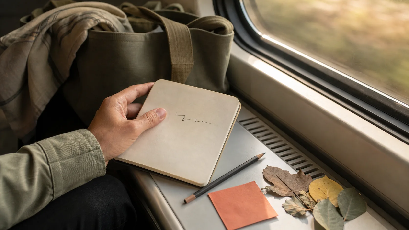 Mikro-Hobbys im Alltag: Hand hält ein leeres Notizbuch am Fenster im Zug, daneben Stift, ein Stück Papier und gesammelte Blätter – eine kleine Pause unterwegs.
