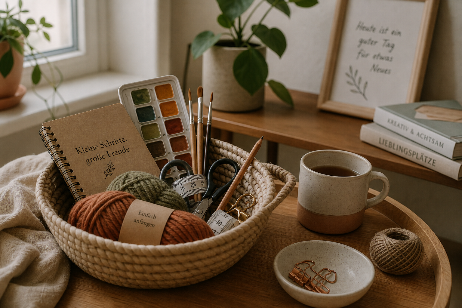 Kleiner Starterkorb mit Notizbuch, Wolle und Aquarellset für ein neues Hobby