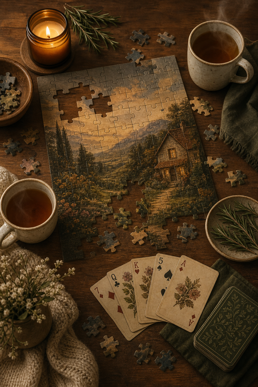 Halbfertiges Puzzle und Kartenspiel für Paare mit zwei Teetassen und Kerzenlicht