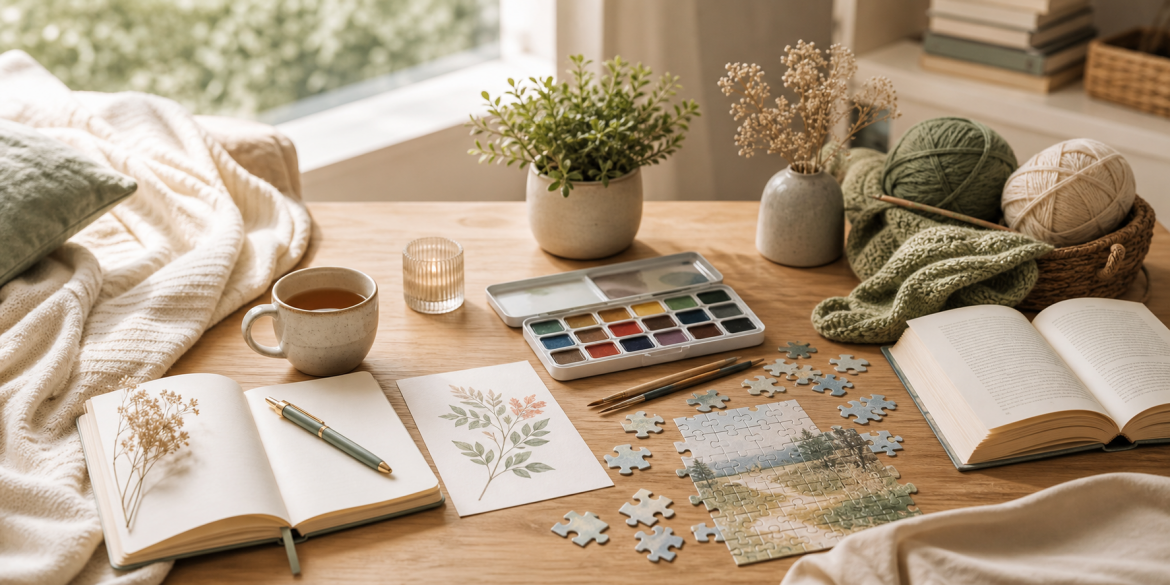 Ruhige Hobbys fuer die Seele mit Journal, Aquarellfarben, Buch, Puzzle, Wolle und Tee zuhause