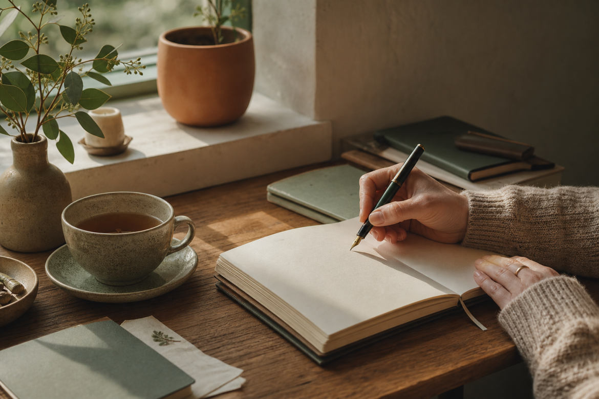 Hand schreibt in ein Journal neben Tee im weichen Fensterlicht
