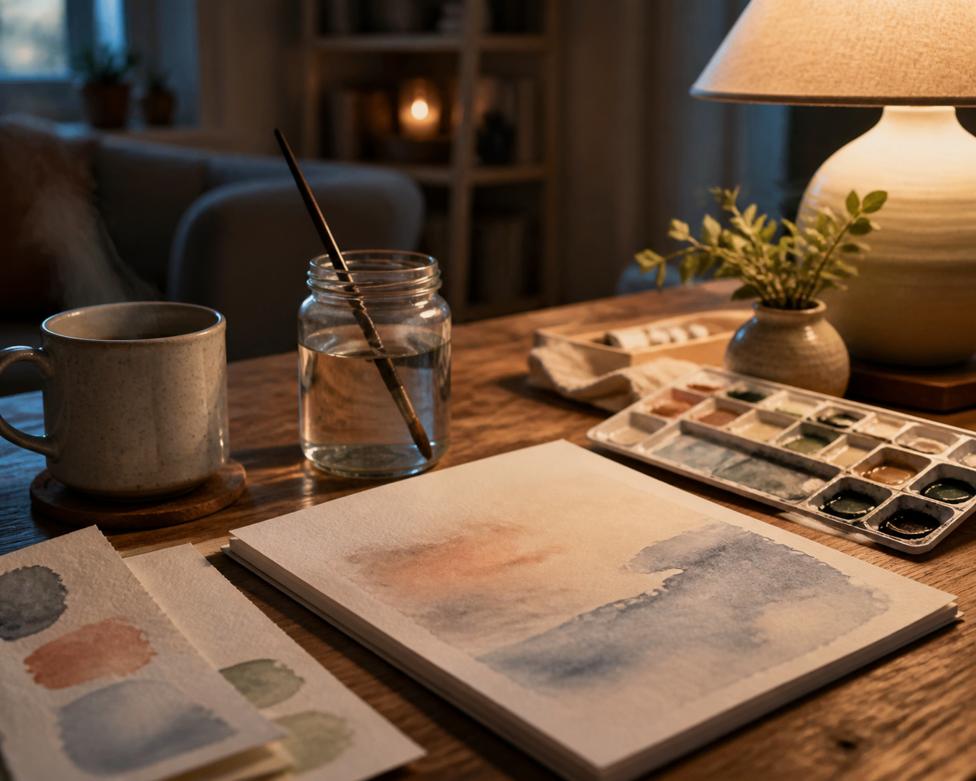Aquarellblock und Farben bei warmem Abendlicht als ruhiges Hobby zuhause