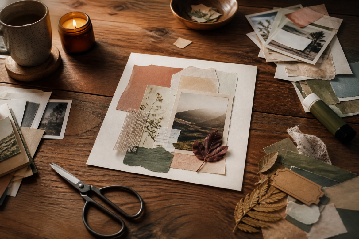 Collage als Hobby: Papier, Bilder, Schere und Kleber auf einem warm beleuchteten Tisch