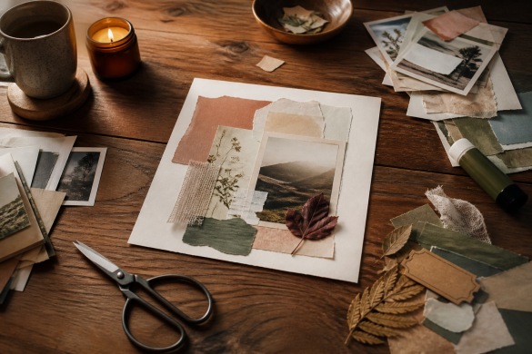 Collage als Hobby: Papier, Bilder, Schere und Kleber auf einem warm beleuchteten Tisch