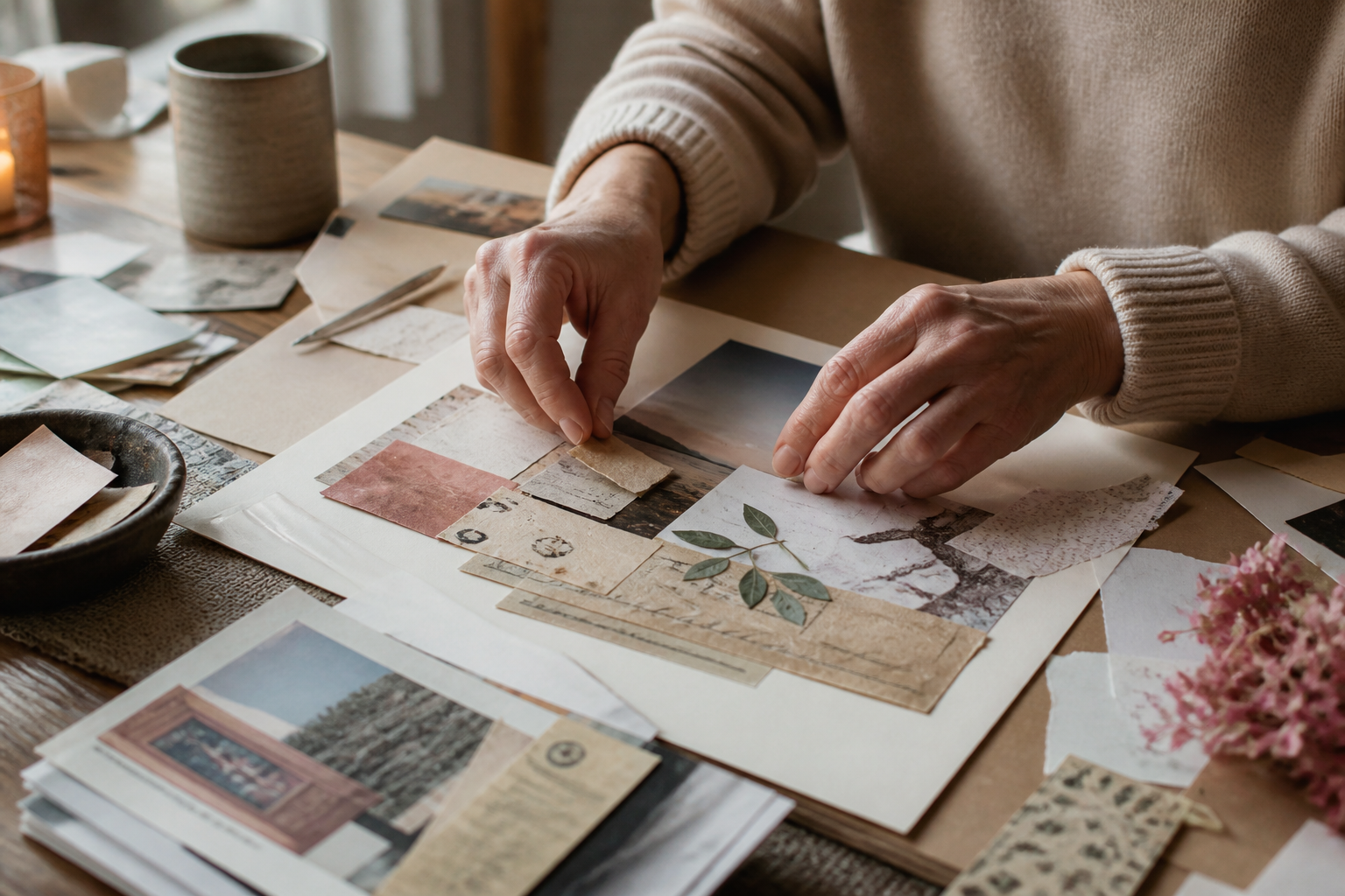 Hände arrangieren Papierschnipsel und Fundstücke für eine erste Collage