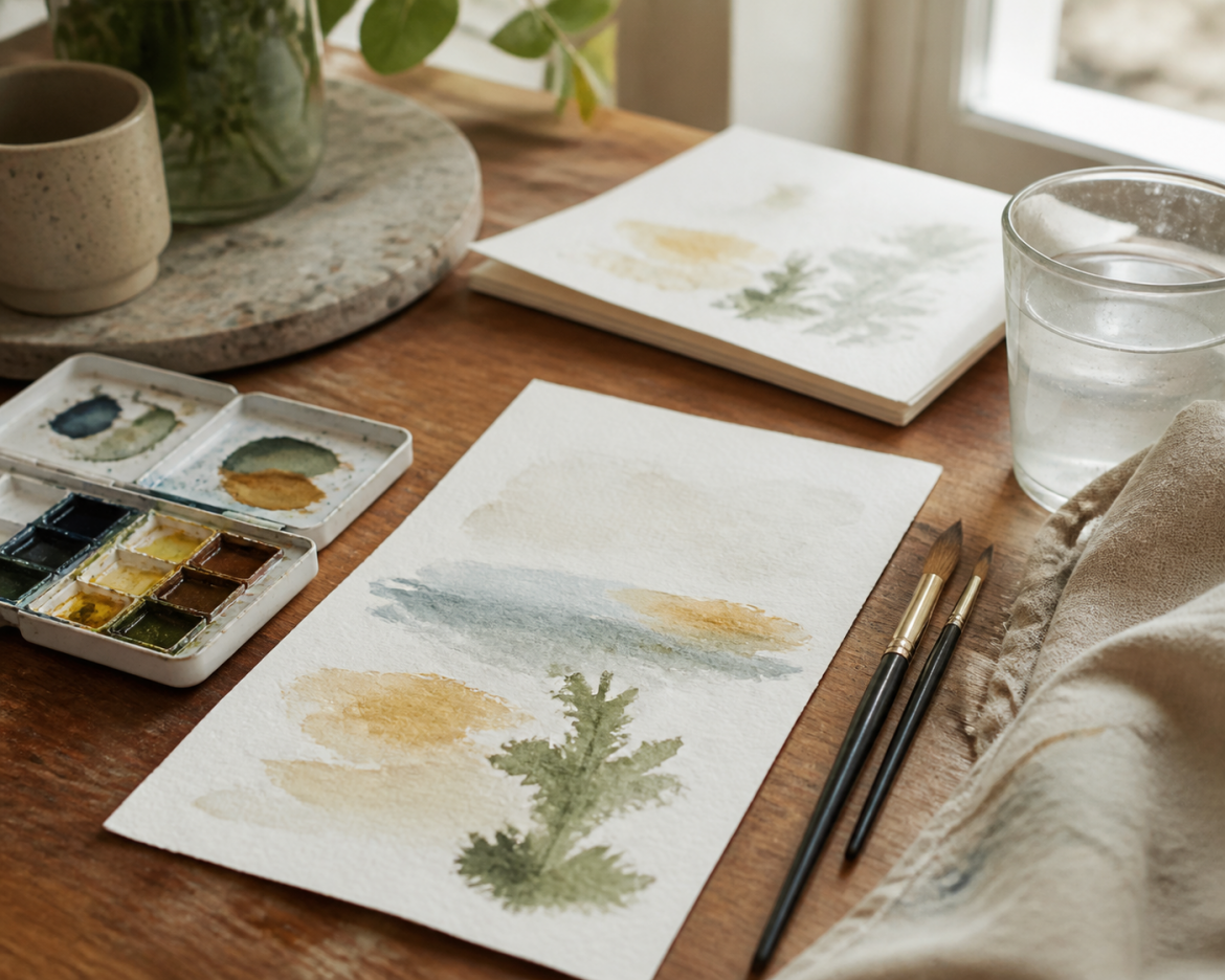 Ruhiger Aquarell-Arbeitsplatz mit Farben, Pinseln und Papier für Anfänger