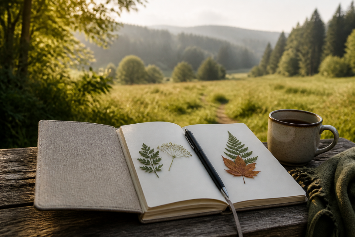 Offenes Naturtagebuch mit Stift und Blättern auf einer Bank im Grünen