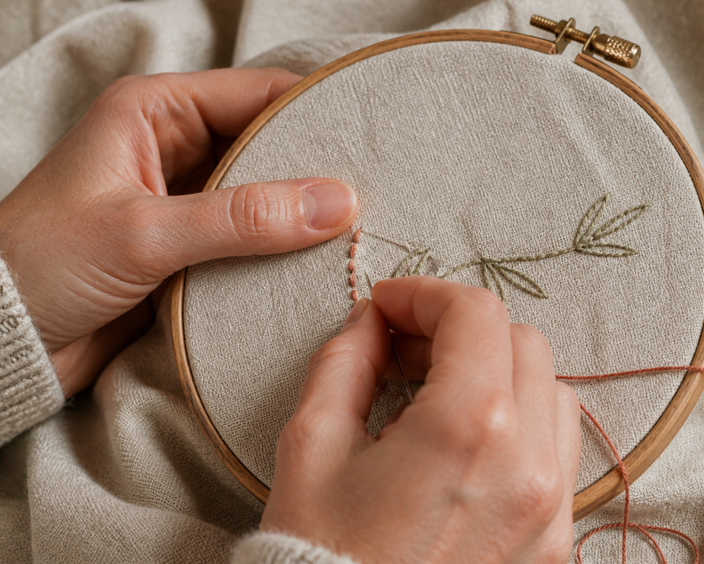 Hände setzen einen einfachen Stickstich auf hellem Stoff