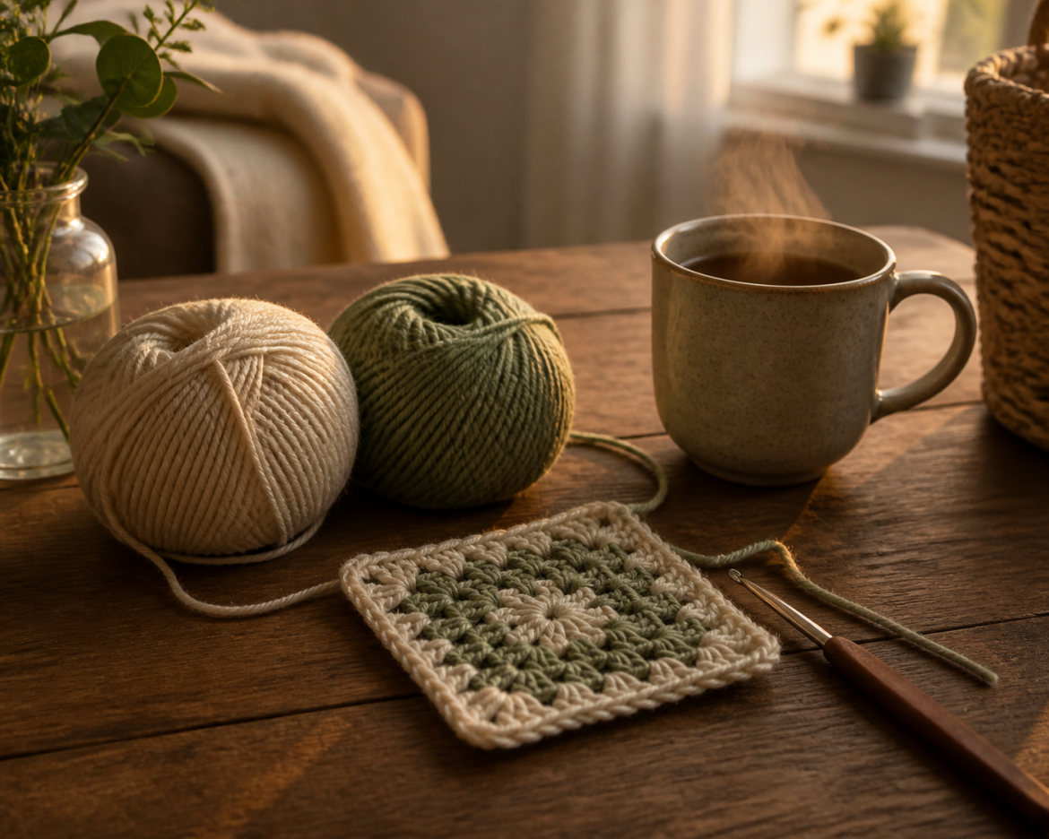 Häkelnadel, helles Garn und ein kleines Häkelstück auf einem warm beleuchteten Holztisch