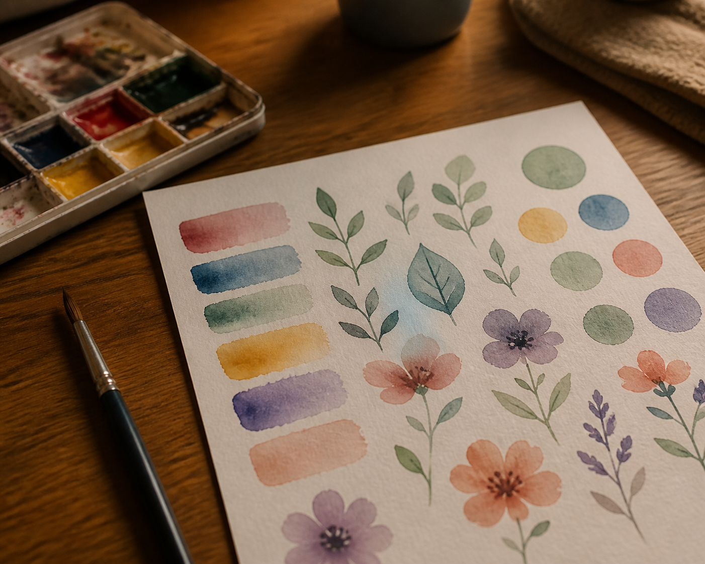 Einfaches Aquarell-Übungsblatt mit Farbverläufen, Blättern und kleinen Blumen
