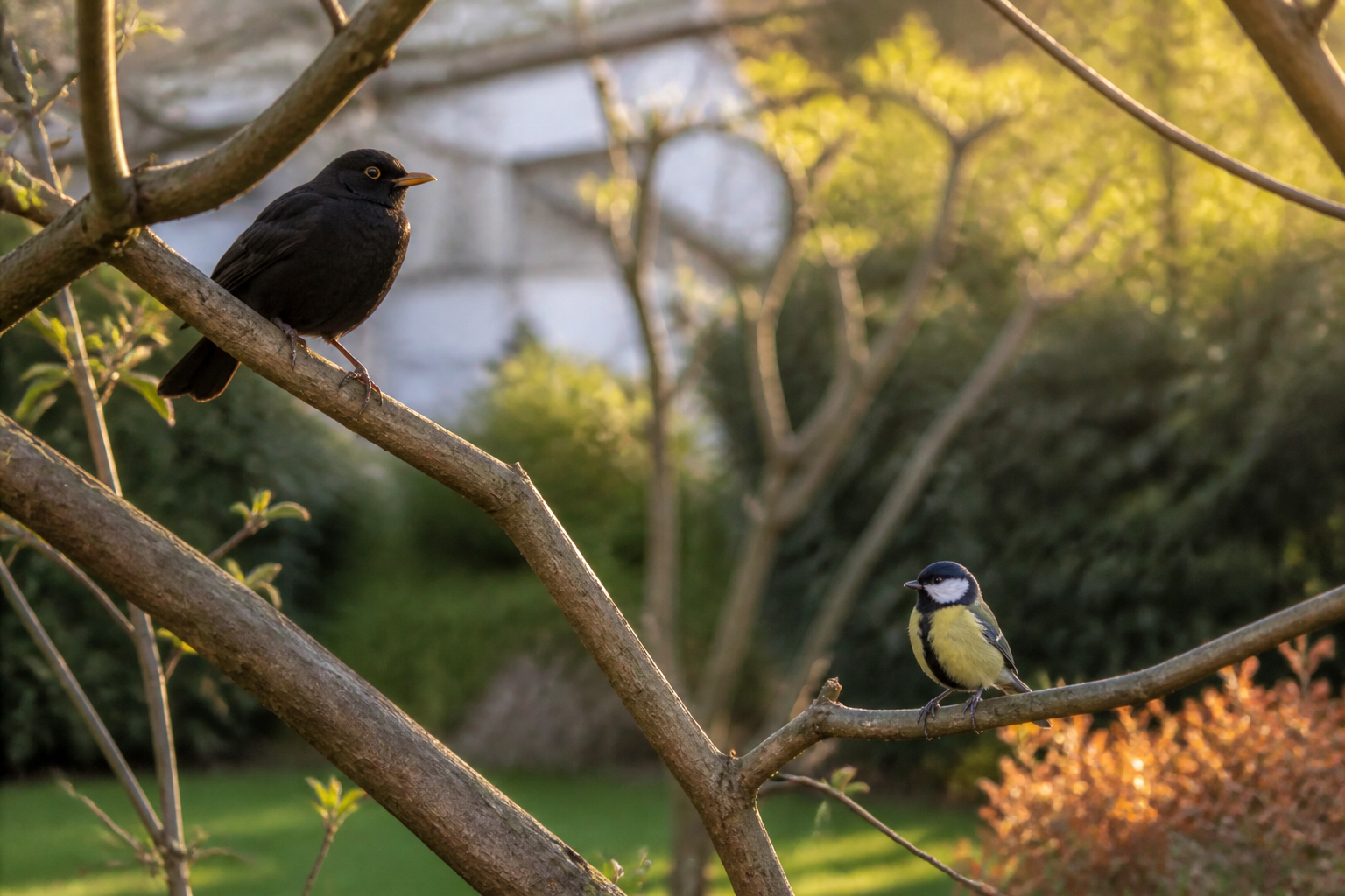 Amsel und Meise im Garten bei der Vogelbeobachtung