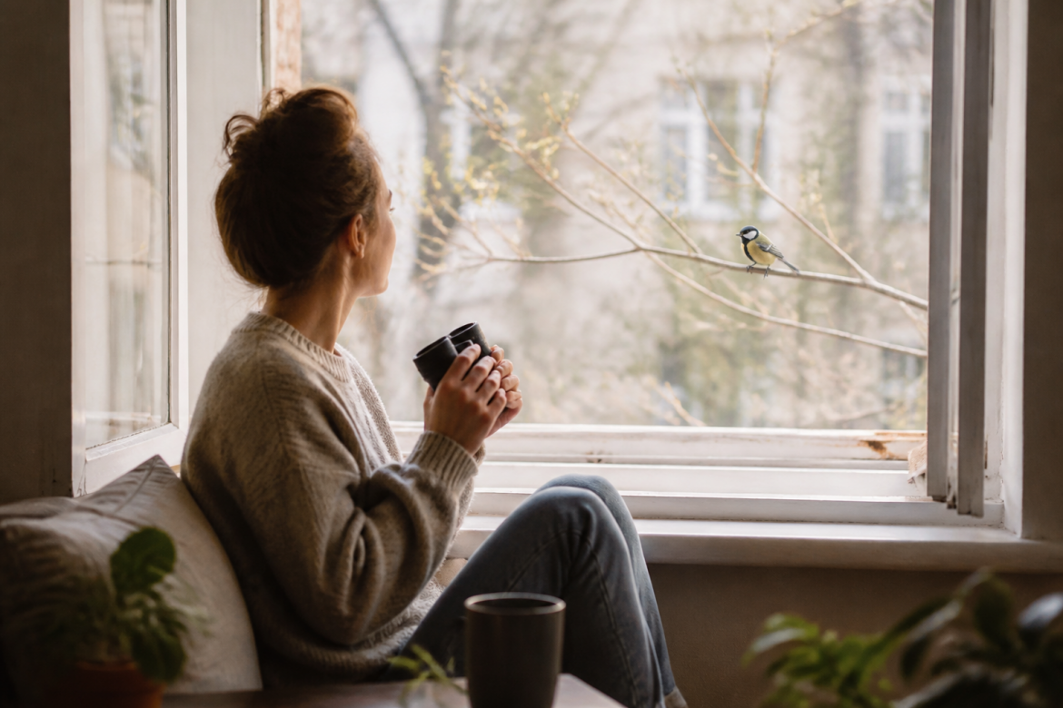 Vogelbeobachtung für Anfänger am offenen Fenster mit Fernglas