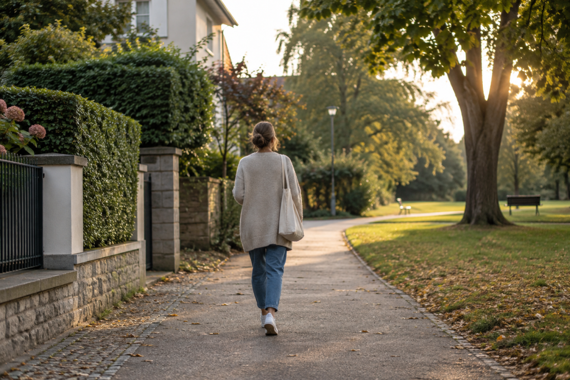 Person geht achtsam auf einem ruhigen Weg zwischen Wohnviertel und Park