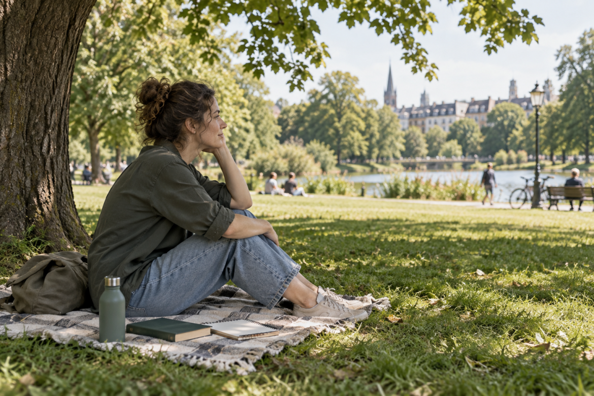Ruhige Hobbys im Park mit Buch und Skizzenbuch auf einer Decke