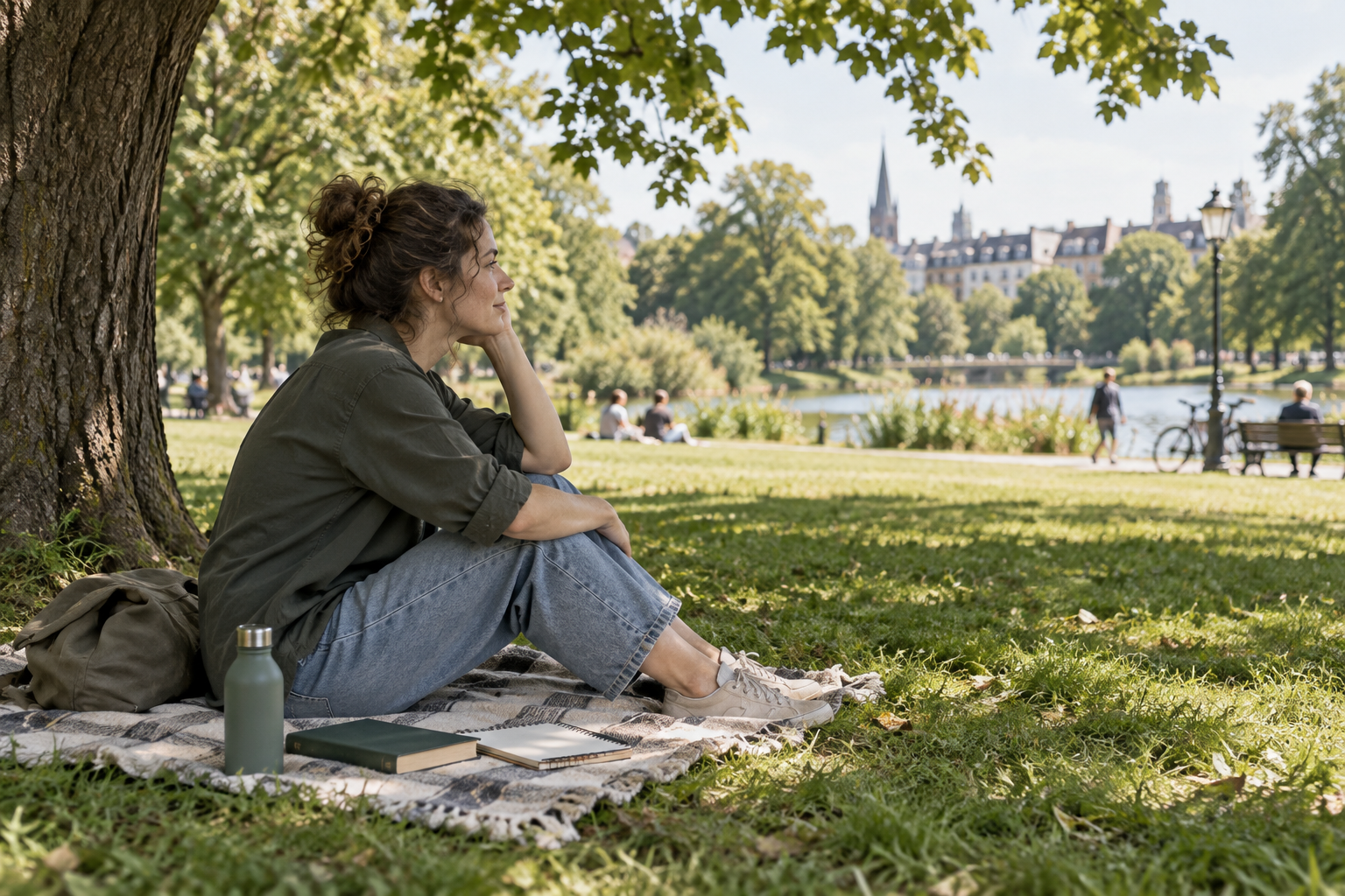 Ruhige Hobbys im Park mit Buch und Skizzenbuch auf einer Decke