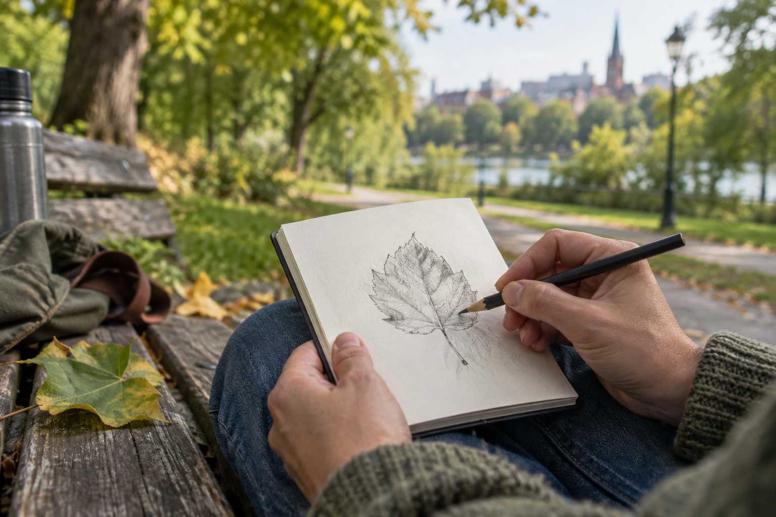 Blatt im Skizzenbuch als kreatives Hobby im Park